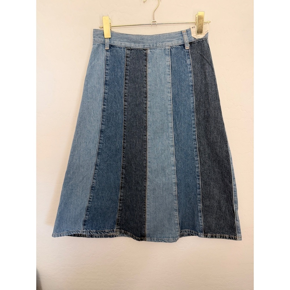 We The Free Sunbeam Denim Midi Skirt 29 Blue Patchwork Colorblock High Rise NWT